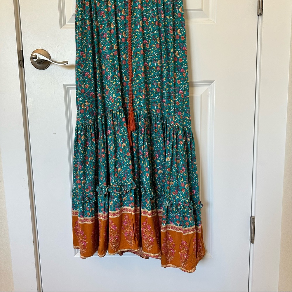 Cotton Boho Floral Maxi Dress | Tassel Tie Waist | Size Medium - Picture 8 of 12